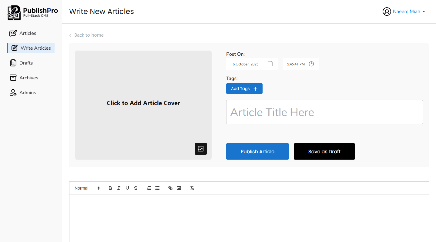 A scalable role-based CMS built with the MERN stack, featuring a Medium-style editor, full content workflows, and secure admin controls.